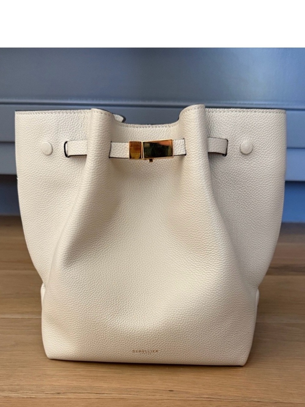 DeMellier New York Bucket Crossbody Bag Ivory Leather Black Strap